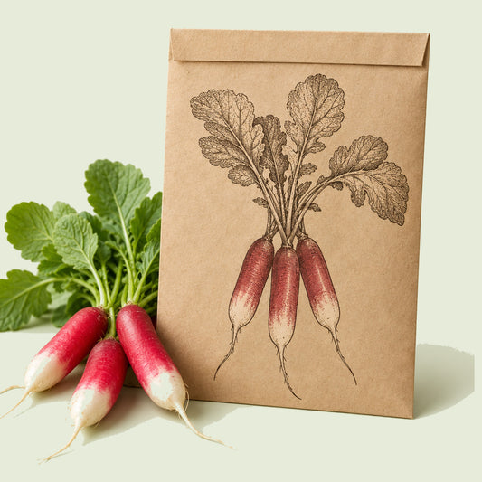 Kraft seed packet illustrated with French Breakfast Radish, with fresh French Breakfast Radish beside it