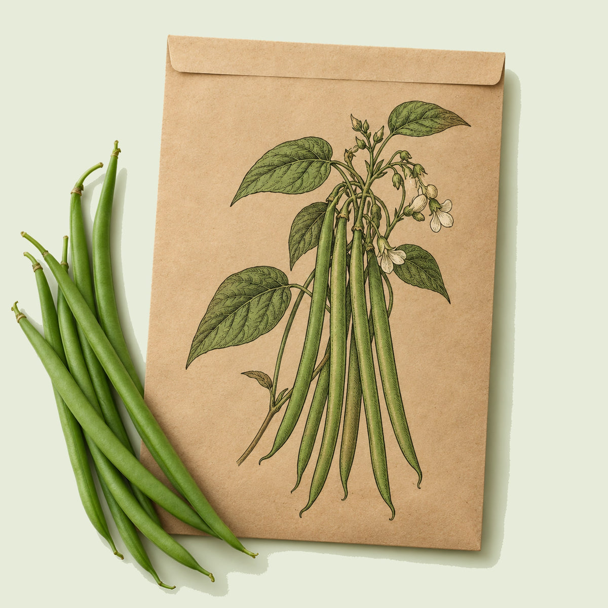 Kraft seed packet illustrated with French Filet Bush Bean, with fresh French Filet Bush Bean beside it