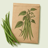 Kraft seed packet illustrated with French Filet Bush Bean, with fresh French Filet Bush Bean beside it