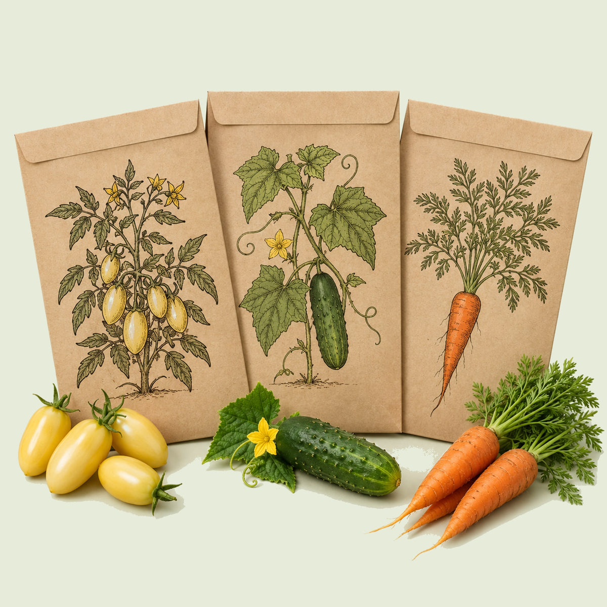 Kraft seed packet illustrated with Fresh Snack Vegetable Seed Bundle, with fresh Fresh Snack Vegetable Seed Bundle beside it