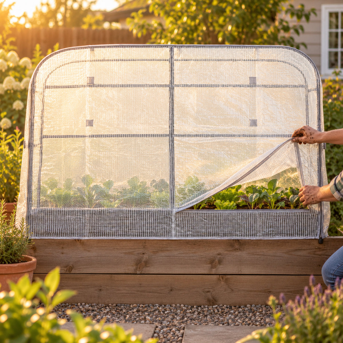 Frost Cover and Trellis for 21 x 48 Inch Planter in use in a home garden