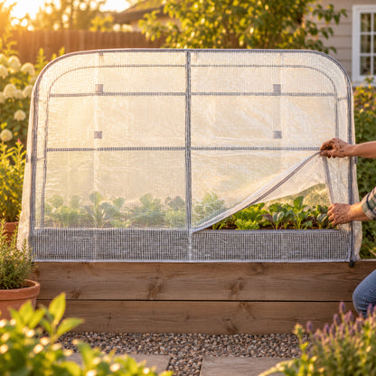 Frost Cover and Trellis for 21 x 48 Inch Planter in use in a home garden