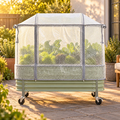 Frost Cover for Elevated Rolling Garden Bed in use in a home garden