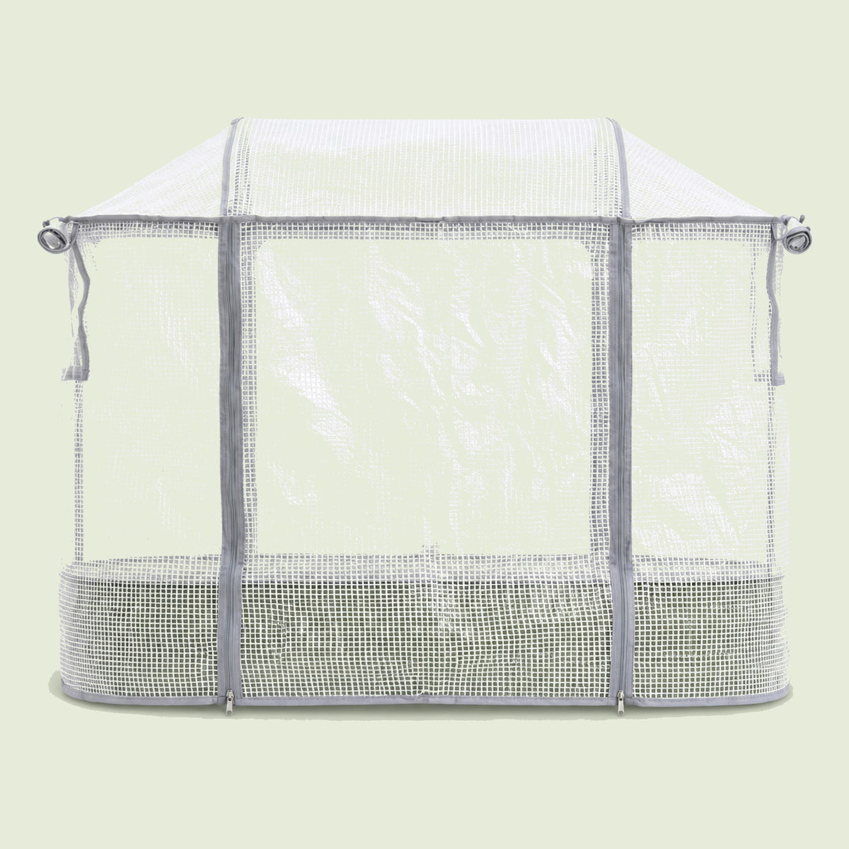 Frost Cover for Elevated Rolling Garden Bed on a soft green background