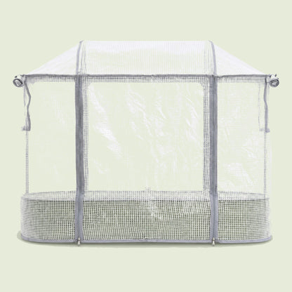 Frost Cover for Elevated Rolling Garden Bed on a soft green background