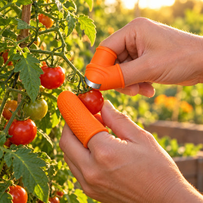 Fruit Picking Thumb Blade Set in use in a home garden