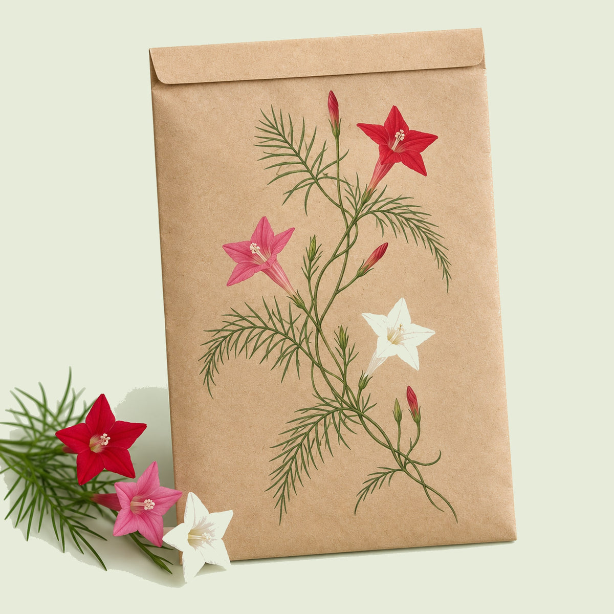 Kraft seed packet illustrated with Funny Valentine Blend Cypress Vine, with fresh Funny Valentine Blend Cypress Vine beside it