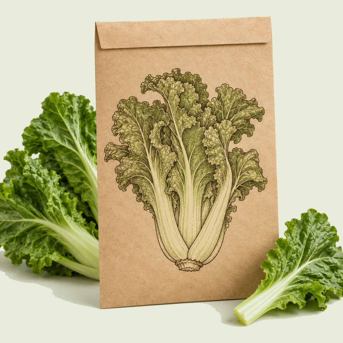 Kraft seed packet illustrated with Gai Choy Mustard, with fresh Gai Choy Mustard beside it