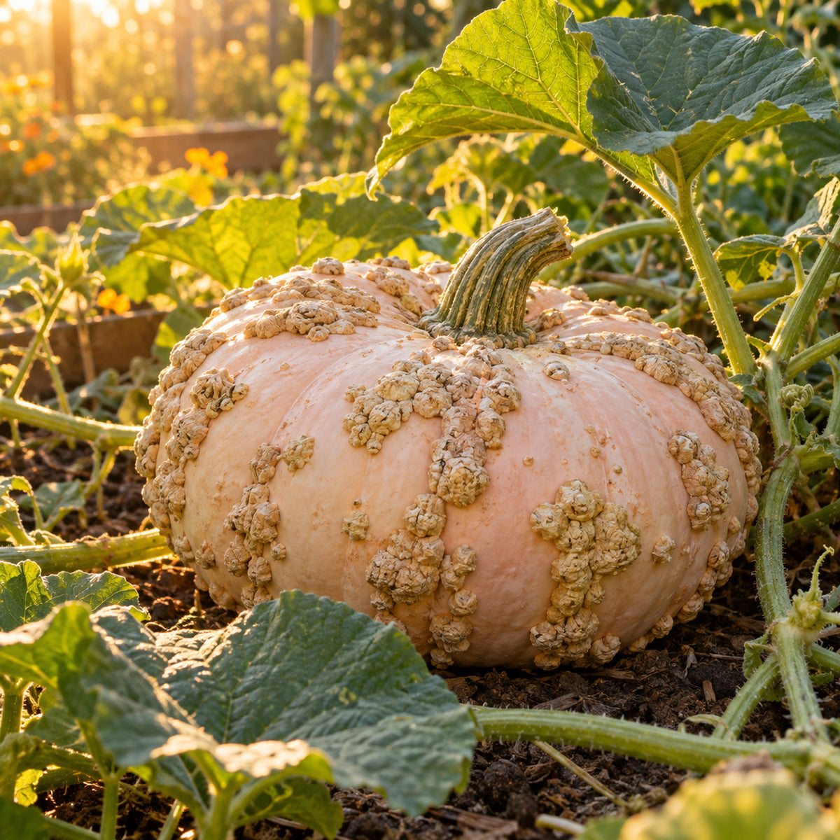 Galeux d'Eysines Pumpkin Seeds growing in a home garden