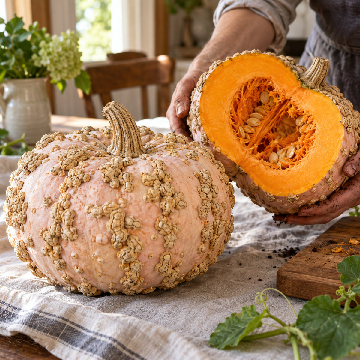 Galeux d'Eysines Pumpkin Seeds harvest up close