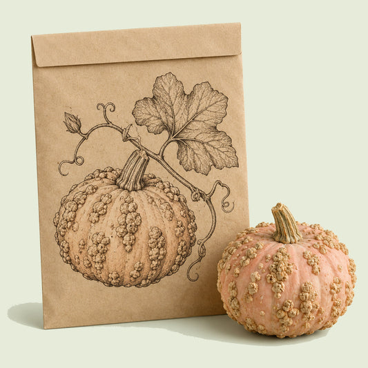 Kraft seed packet illustrated with Galeux d'Eysines Pumpkin, with fresh Galeux d'Eysines Pumpkin beside it