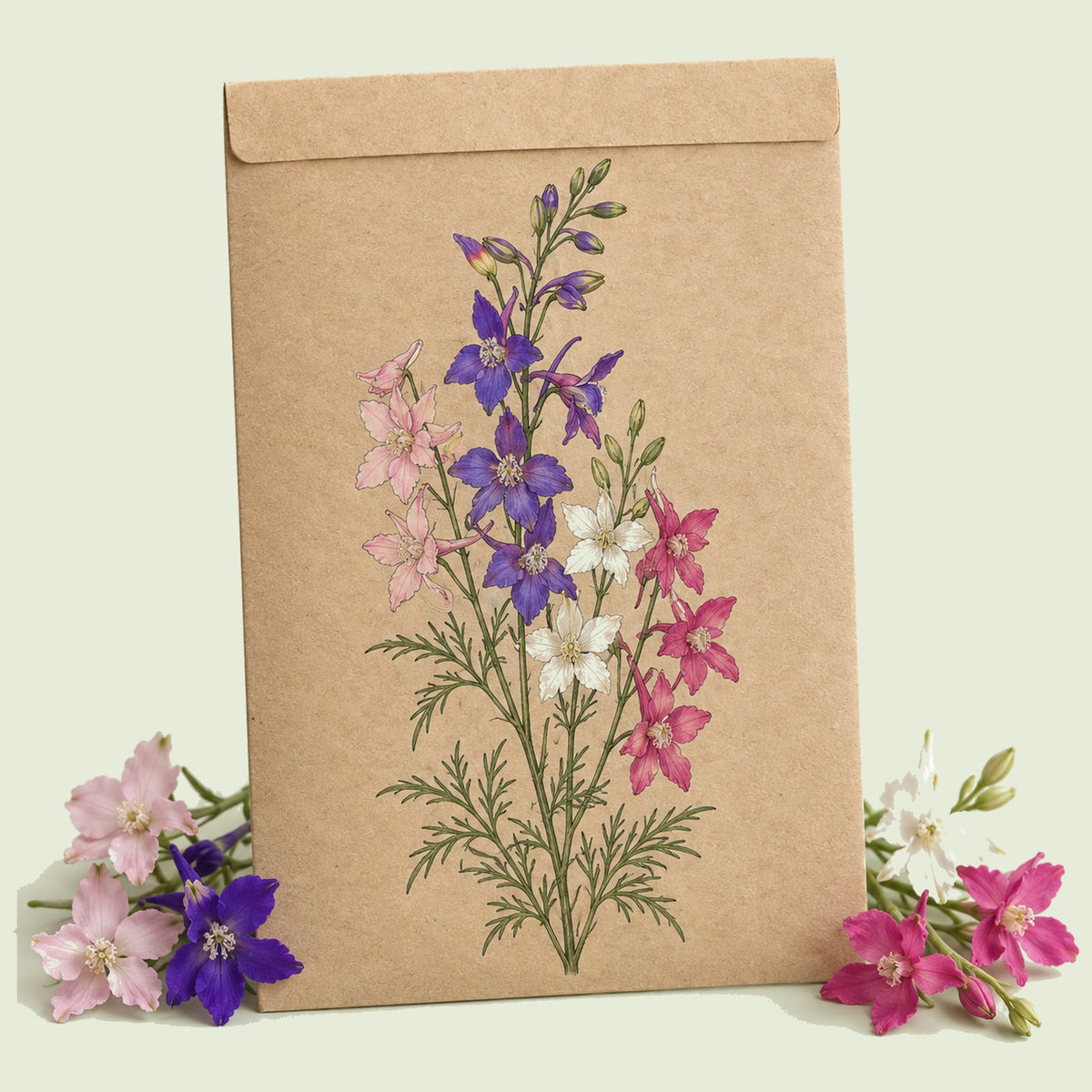 Kraft seed packet illustrated with Galilee Blend Larkspur, with fresh Galilee Blend Larkspur beside it