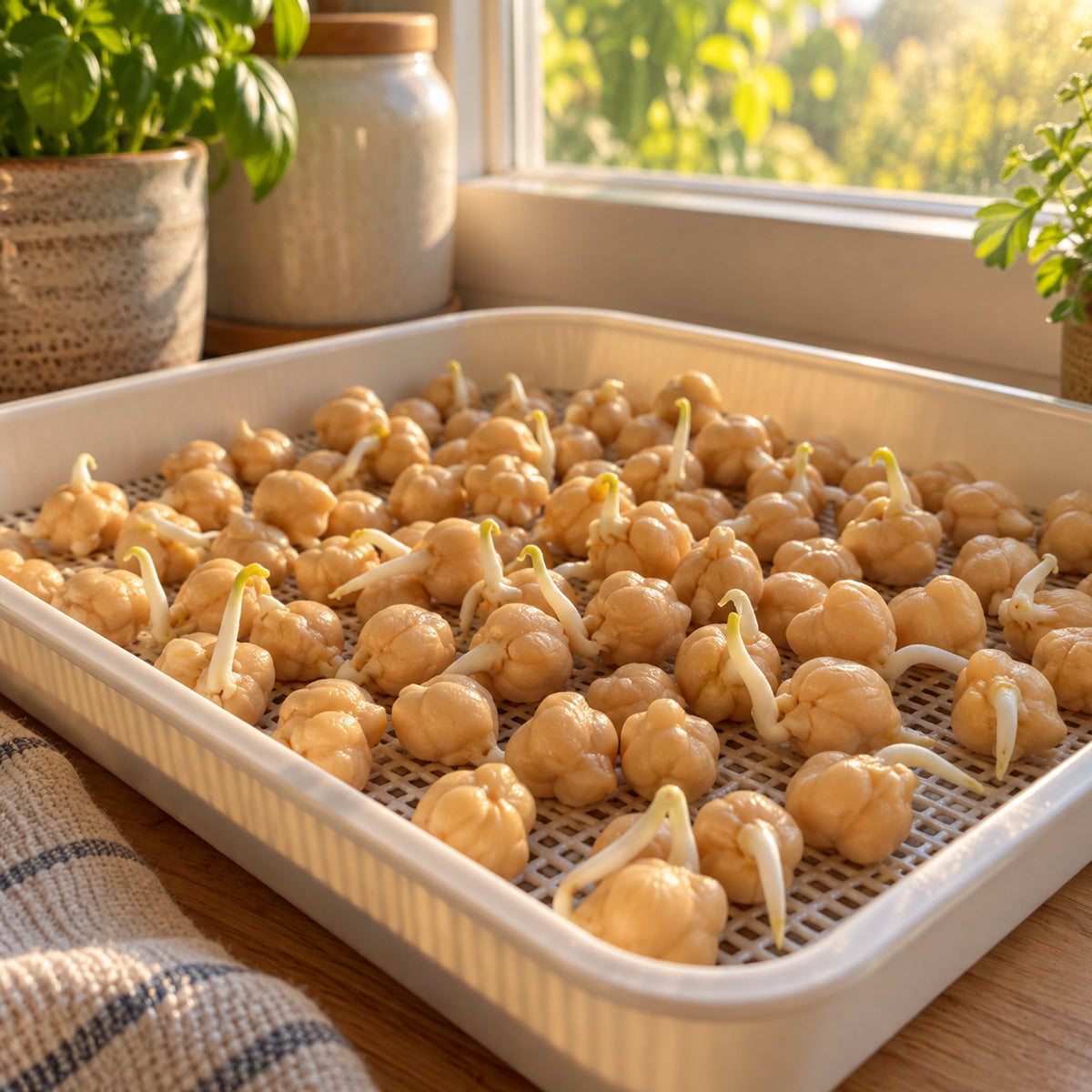 Garbanzo Bean Sprouts Seeds growing in a home garden