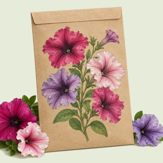 Kraft seed packet illustrated with Garden Party Blend Petunia, with fresh Garden Party Blend Petunia beside it