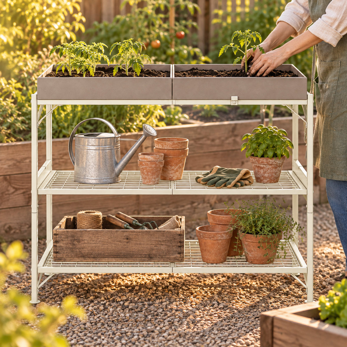 Garden Potting Table in use in a home garden