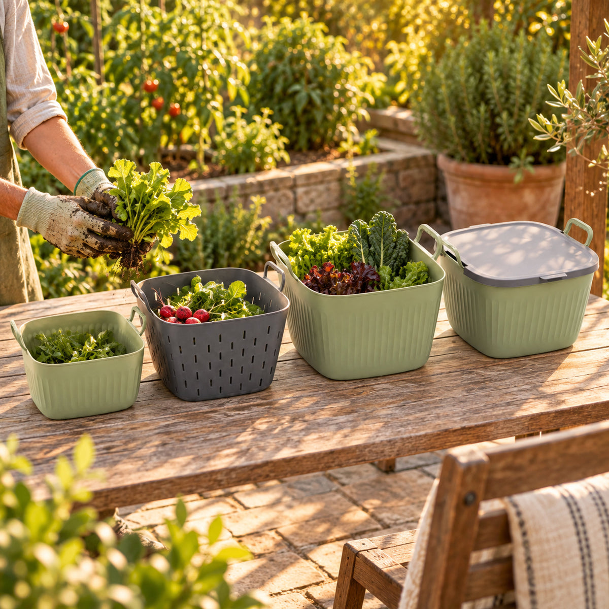 Garden Utility Tub Set in Three Sizes in use in a home garden