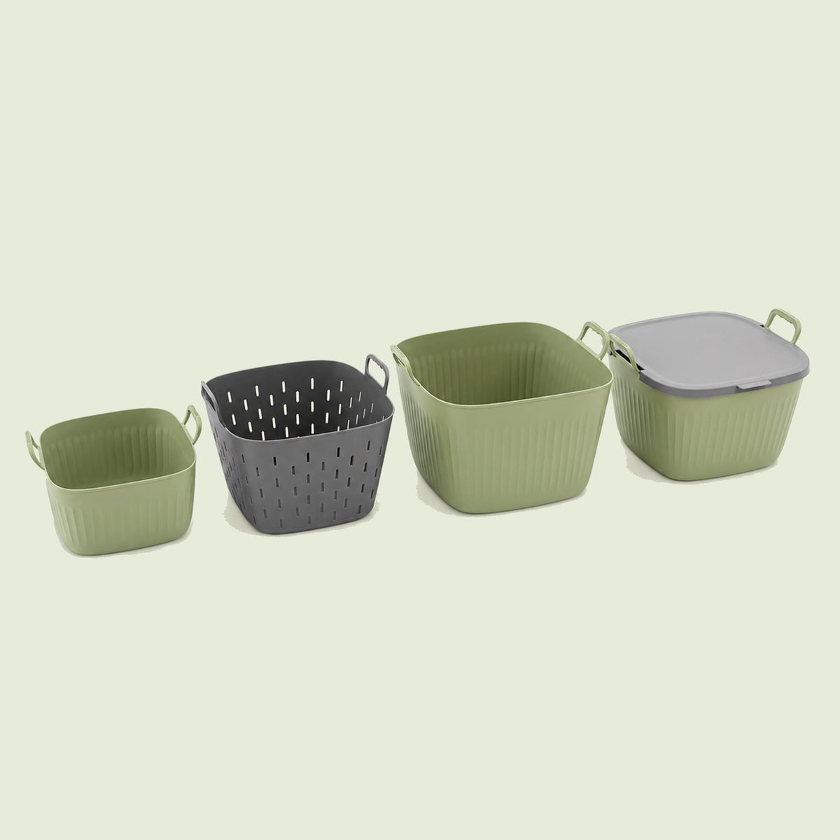 Garden Utility Tub Set in Three Sizes on a soft green background