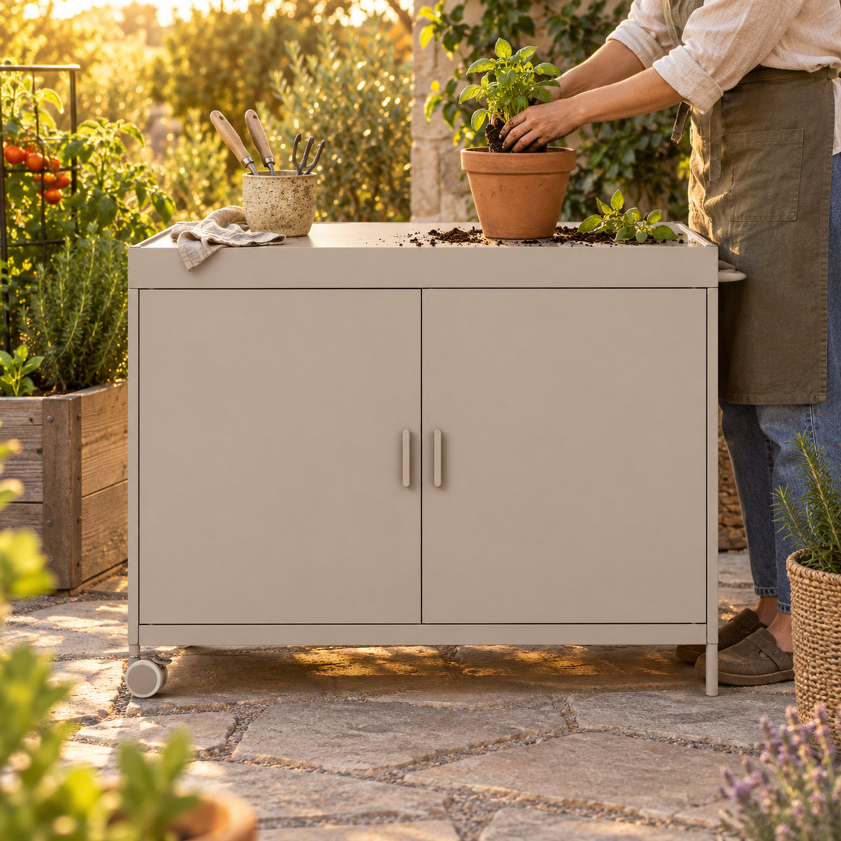 Garden Workstation Cabinet in use in a home garden