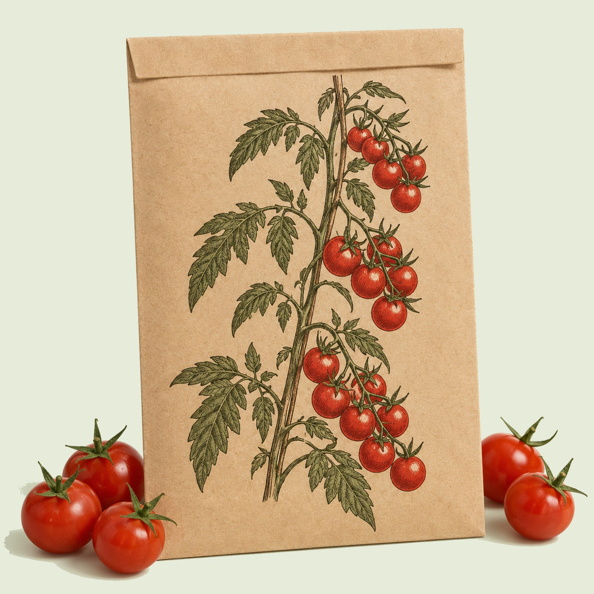 Kraft seed packet illustrated with Gardener's Delight Pole Cherry Tomato, with fresh Gardener's Delight Pole Cherry Tomato beside it