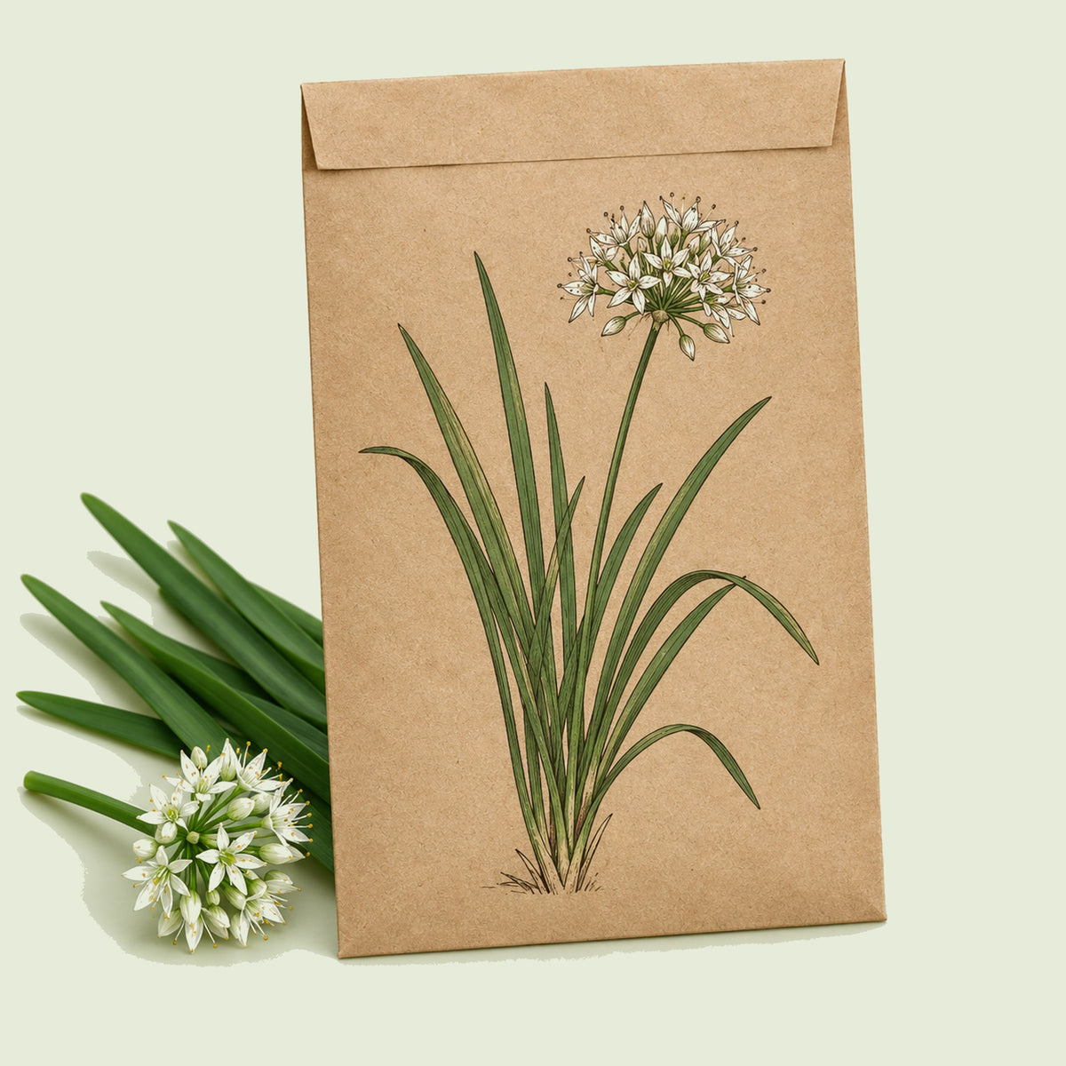 Kraft seed packet illustrated with Garlic Chives, with fresh Garlic Chives beside it