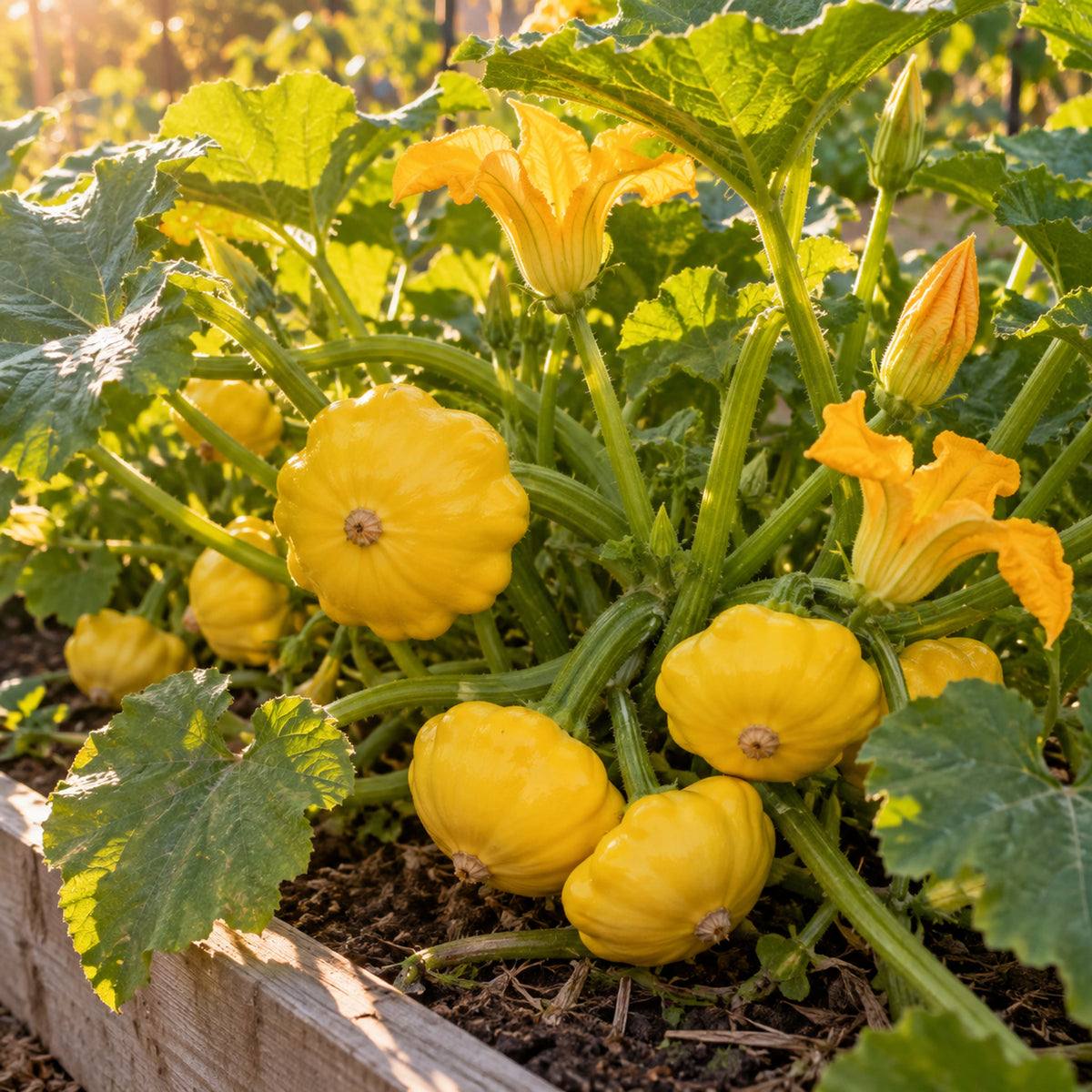 Gelber Englischer Patty Pan Squash Seeds growing in a home garden