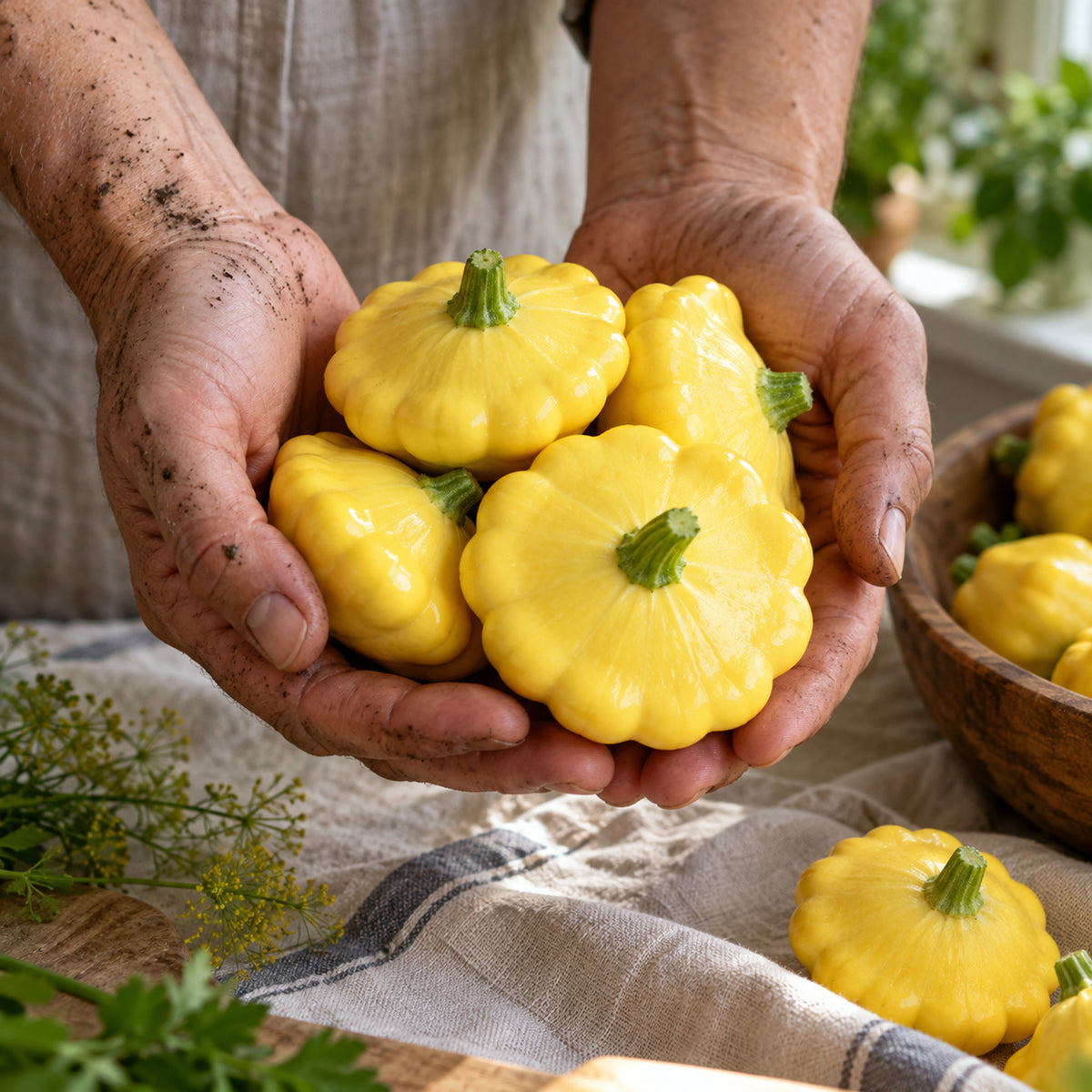 Gelber Englischer Patty Pan Squash Seeds harvest up close