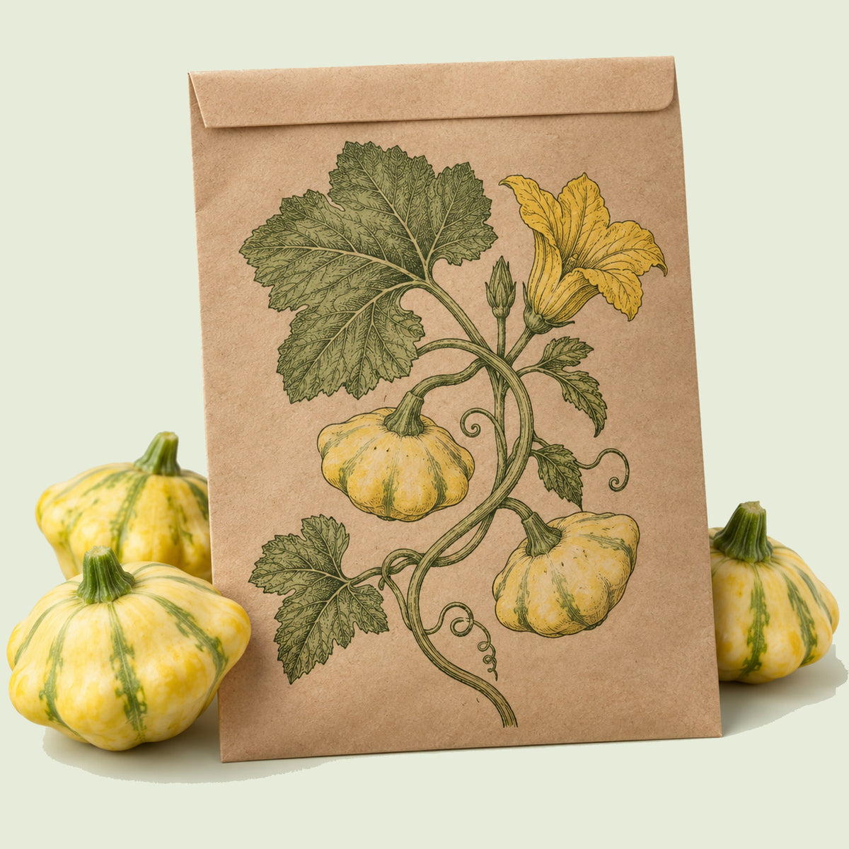 Kraft seed packet illustrated with Gelber Englischer Patty Pan Squash, with fresh Gelber Englischer Patty Pan Squash beside it