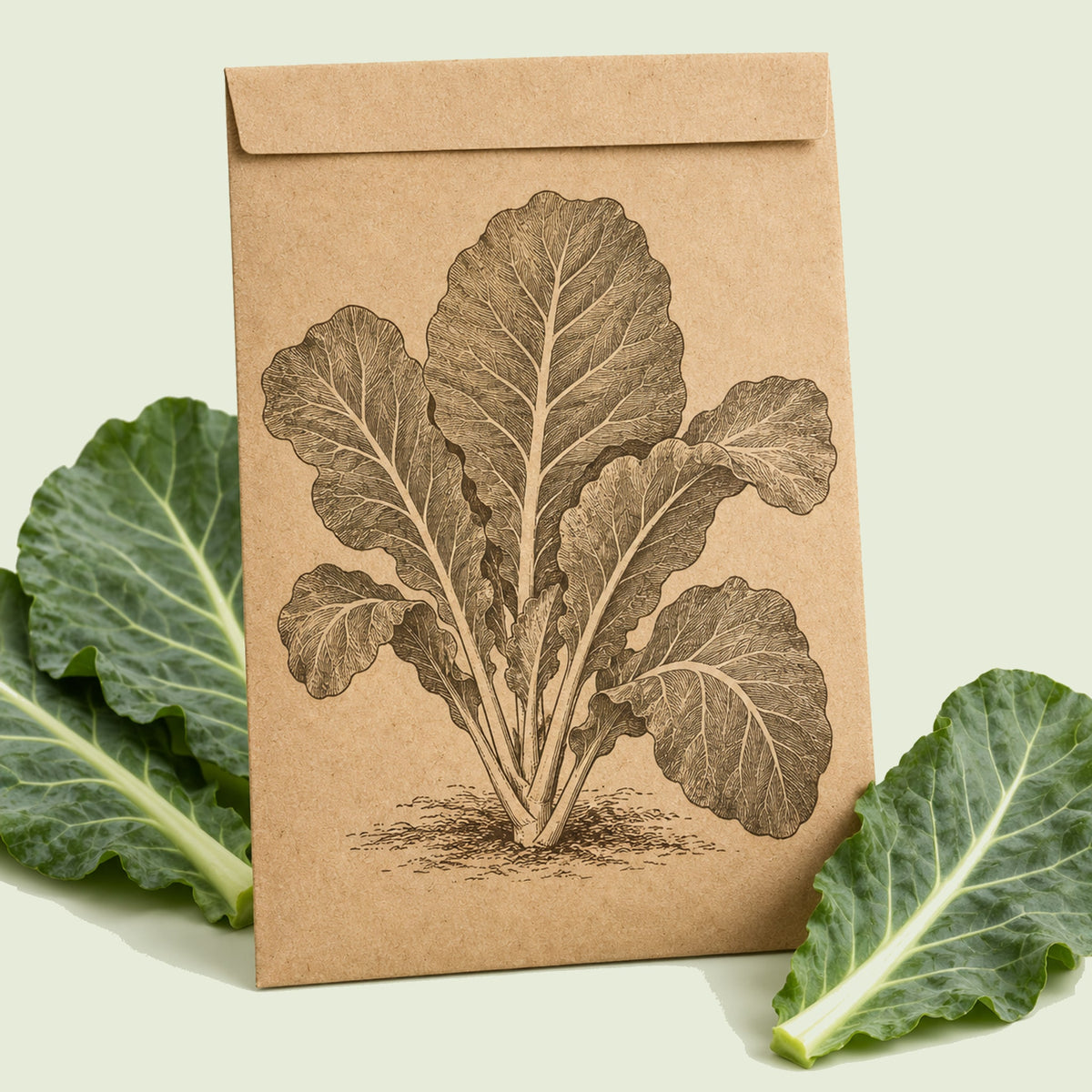 Kraft seed packet illustrated with Georgia Southern Collards, with fresh Georgia Southern Collards beside it