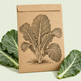 Kraft seed packet illustrated with Georgia Southern Collards, with fresh Georgia Southern Collards beside it