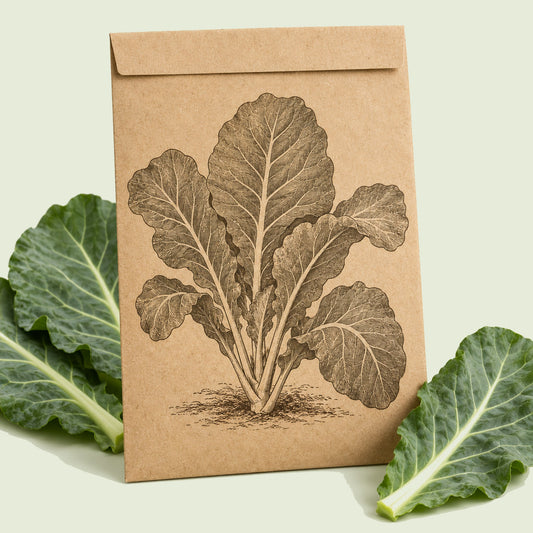 Kraft seed packet illustrated with Georgia Southern Collards, with fresh Georgia Southern Collards beside it
