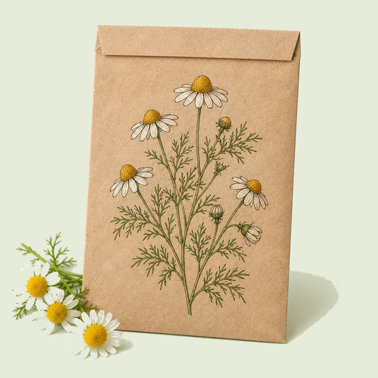 Kraft seed packet illustrated with German Chamomile, with fresh German Chamomile beside it