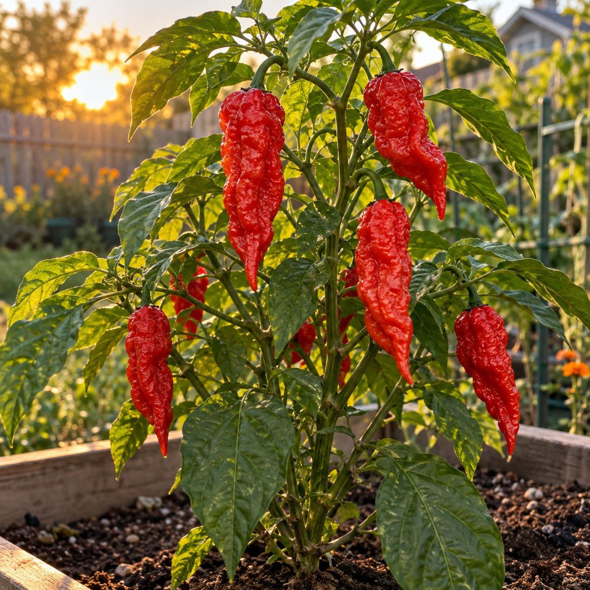 Ghost Bhut Jolokia Chile Pepper Seeds growing in a home garden