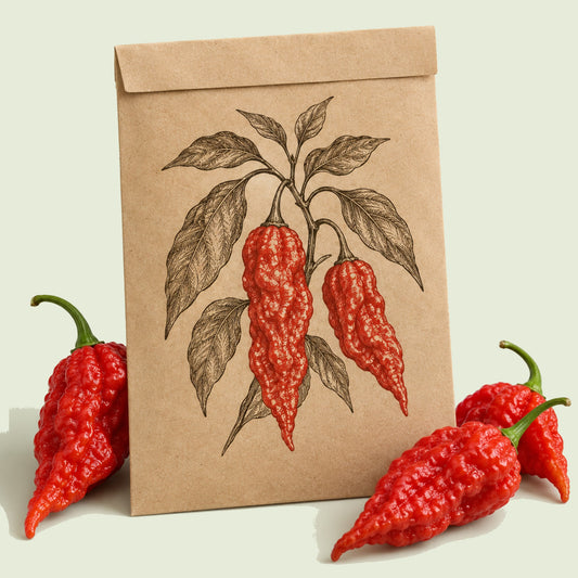 Kraft seed packet illustrated with Ghost Bhut Jolokia Chile Pepper, with fresh Ghost Bhut Jolokia Chile Pepper beside it