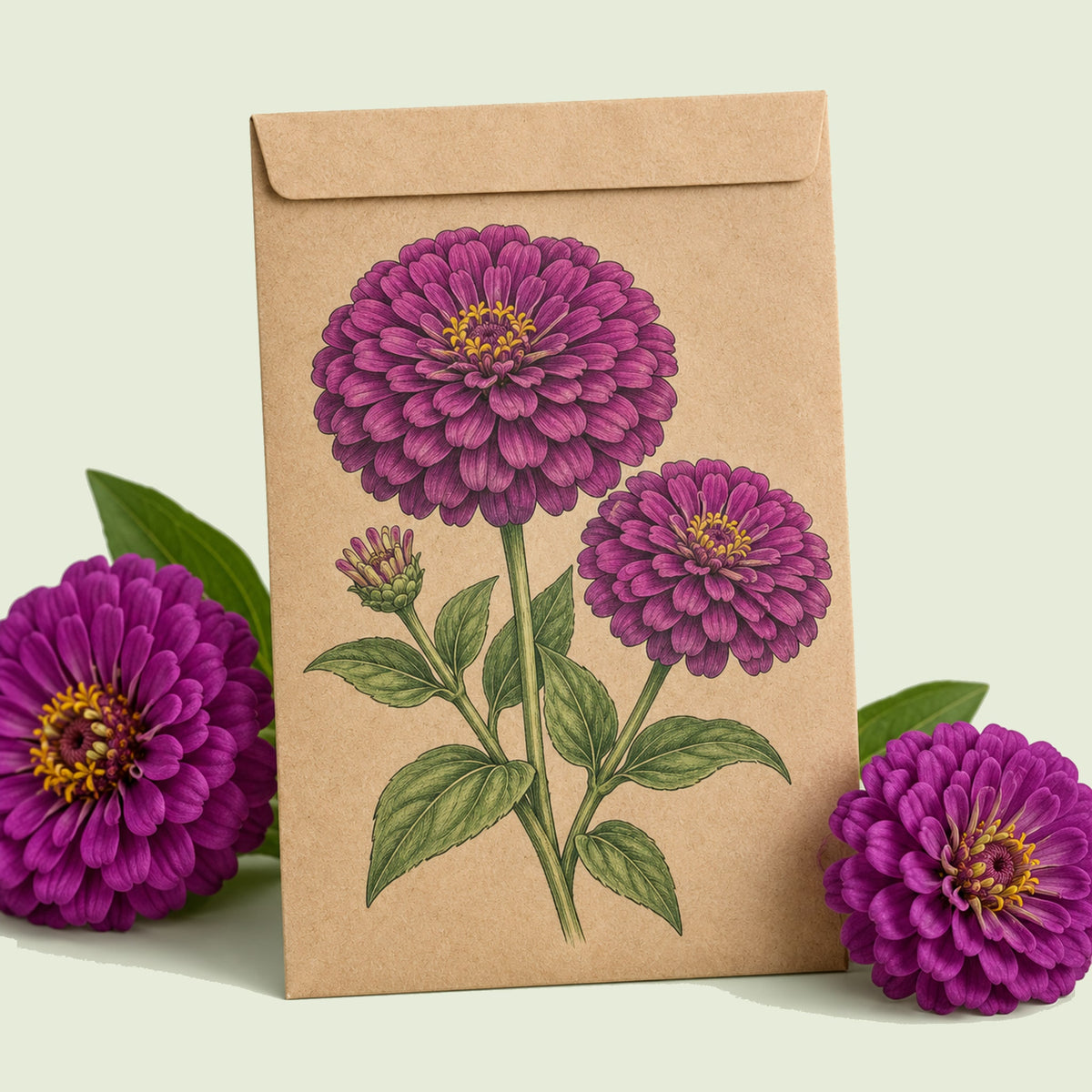 Kraft seed packet illustrated with Giant Purple Zinnia, with fresh Giant Purple Zinnia beside it