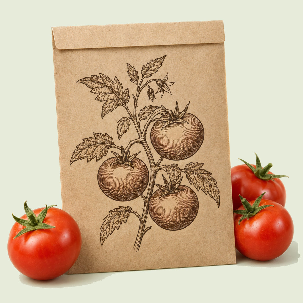 Kraft seed packet illustrated with Glacier Bush Tomato, with fresh Glacier Bush Tomato beside it