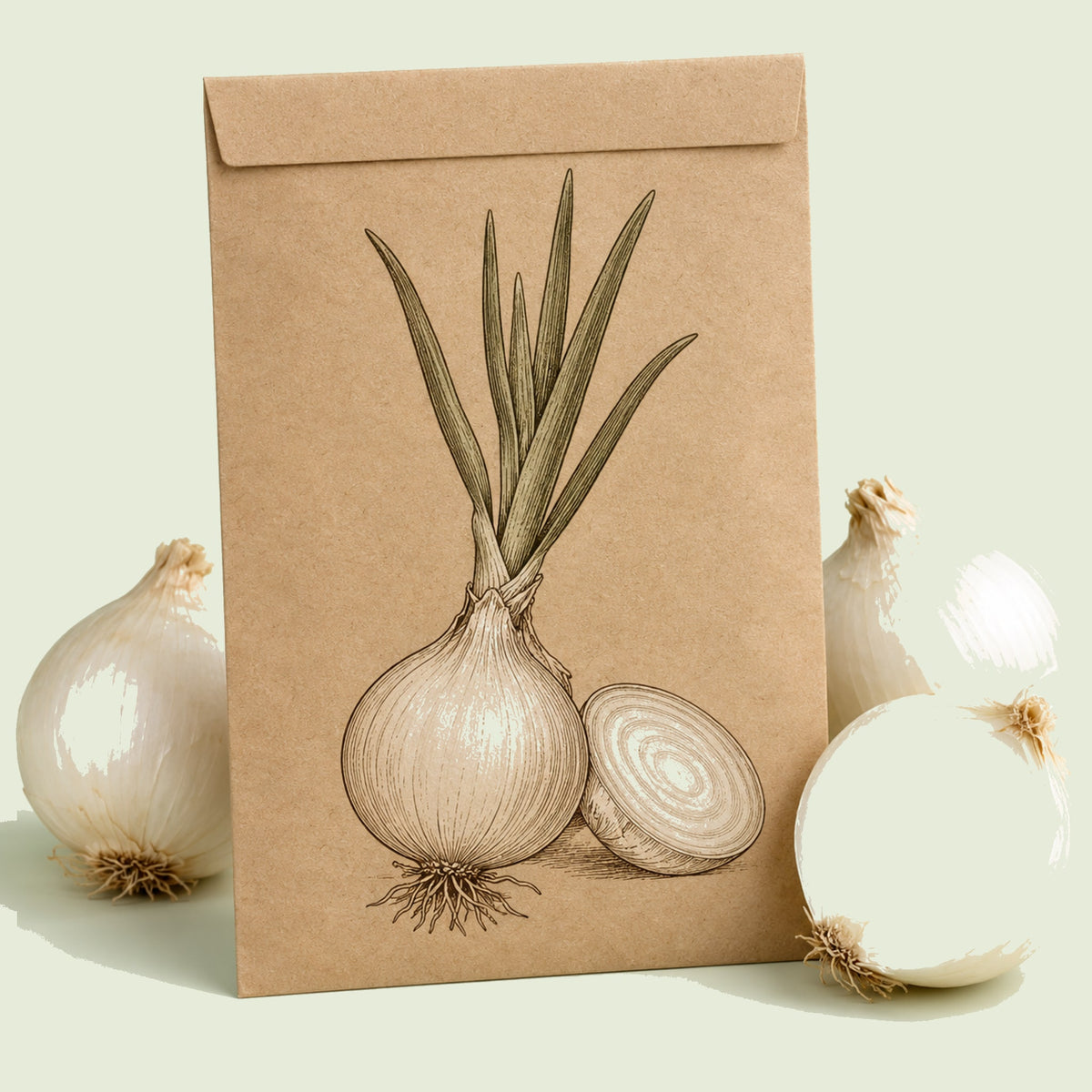 Kraft seed packet illustrated with Gladstone Onion, with fresh Gladstone Onion beside it