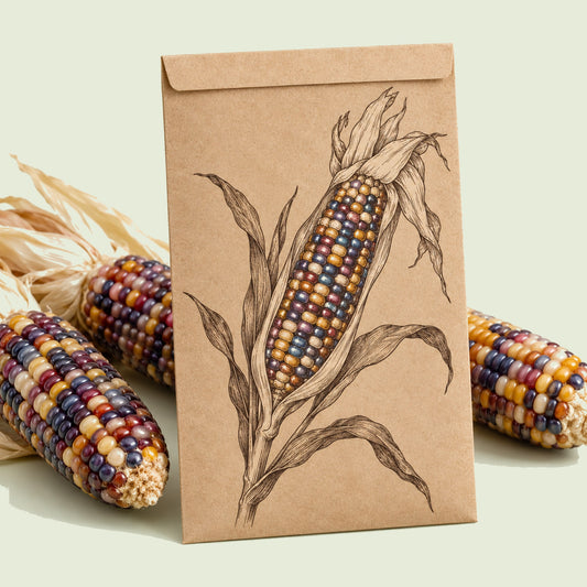 Kraft seed packet illustrated with Glass Gem Flint Corn, with fresh Glass Gem Flint Corn beside it