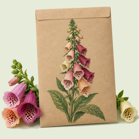 Kraft seed packet illustrated with Gloxiniiflora Blend Foxglove, with fresh Gloxiniiflora Blend Foxglove beside it