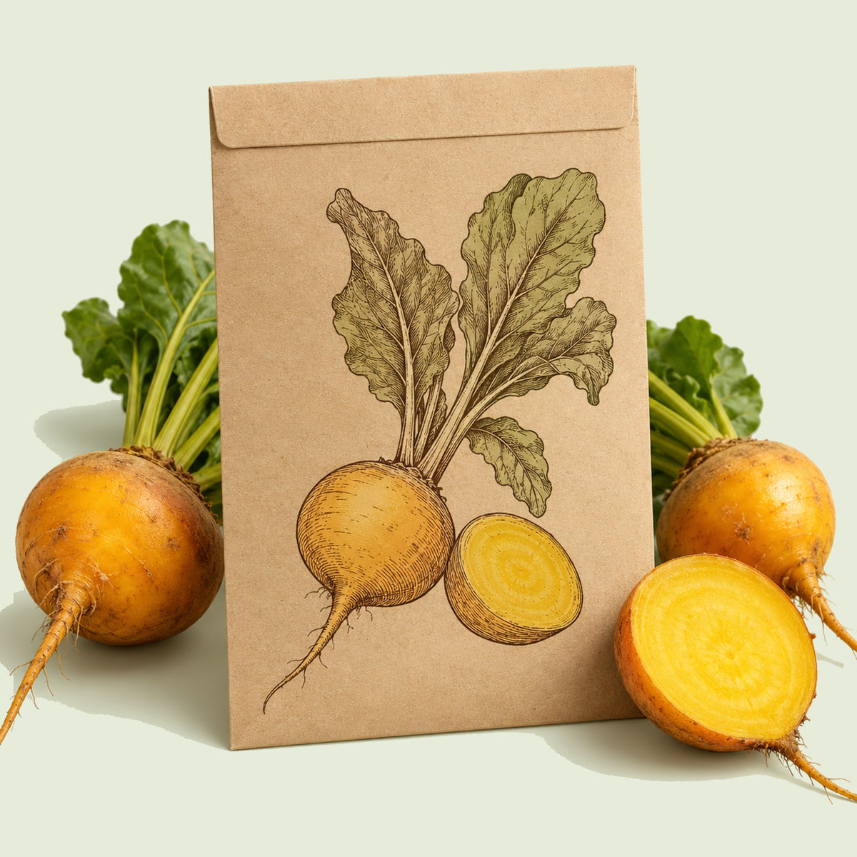 Kraft seed packet illustrated with Golden Boy Beet, with fresh Golden Boy Beet beside it