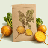 Kraft seed packet illustrated with Golden Boy Beet, with fresh Golden Boy Beet beside it
