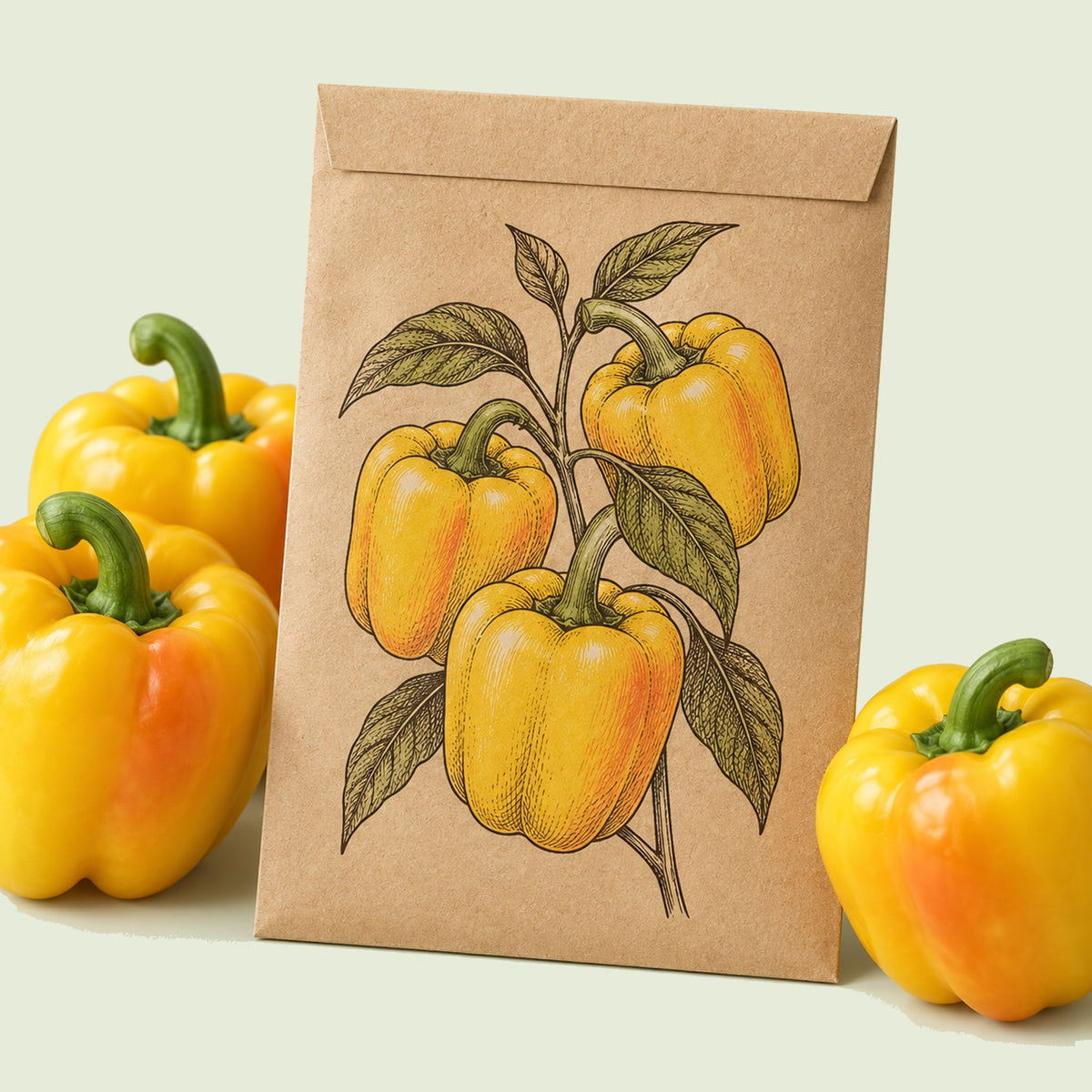 Kraft seed packet illustrated with Golden Cal Wonder Sweet Pepper, with fresh Golden Cal Wonder Sweet Pepper beside it