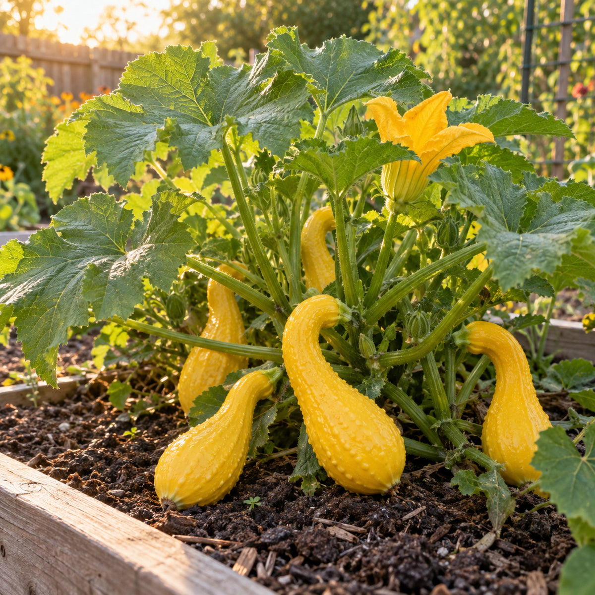 Golden Crookneck Summer Squash Seeds growing in a home garden