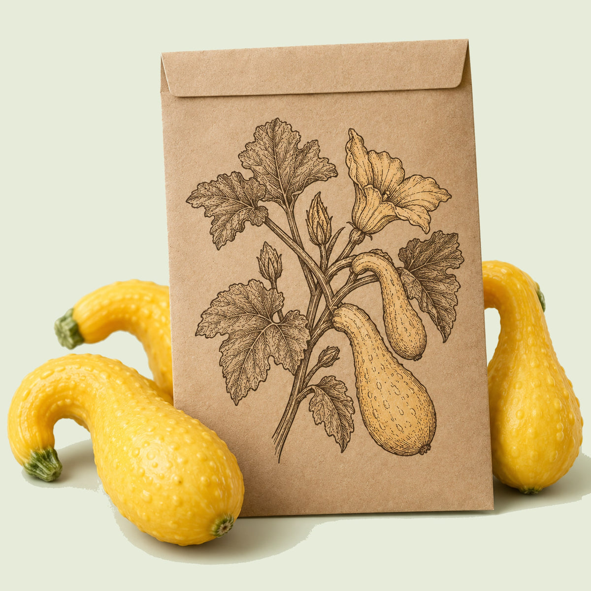 Kraft seed packet illustrated with Golden Crookneck Summer Squash, with fresh Golden Crookneck Summer Squash beside it