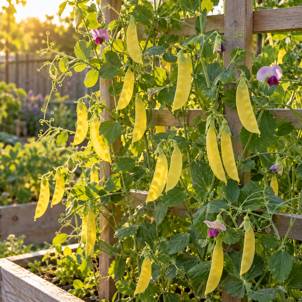 Golden Sweet Snow Pea Seeds growing in a home garden