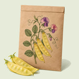 Kraft seed packet illustrated with Golden Sweet Snow Pea, with fresh Golden Sweet Snow Pea beside it