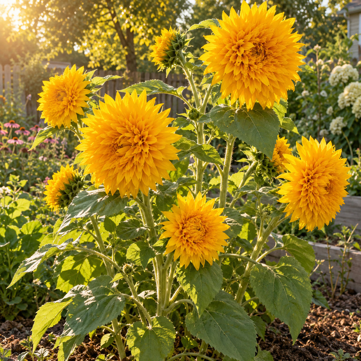 Goldy Honey Bear Sunflower Seeds growing in a home garden