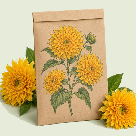Kraft seed packet illustrated with Goldy Honey Bear Sunflower, with fresh Goldy Honey Bear Sunflower beside it