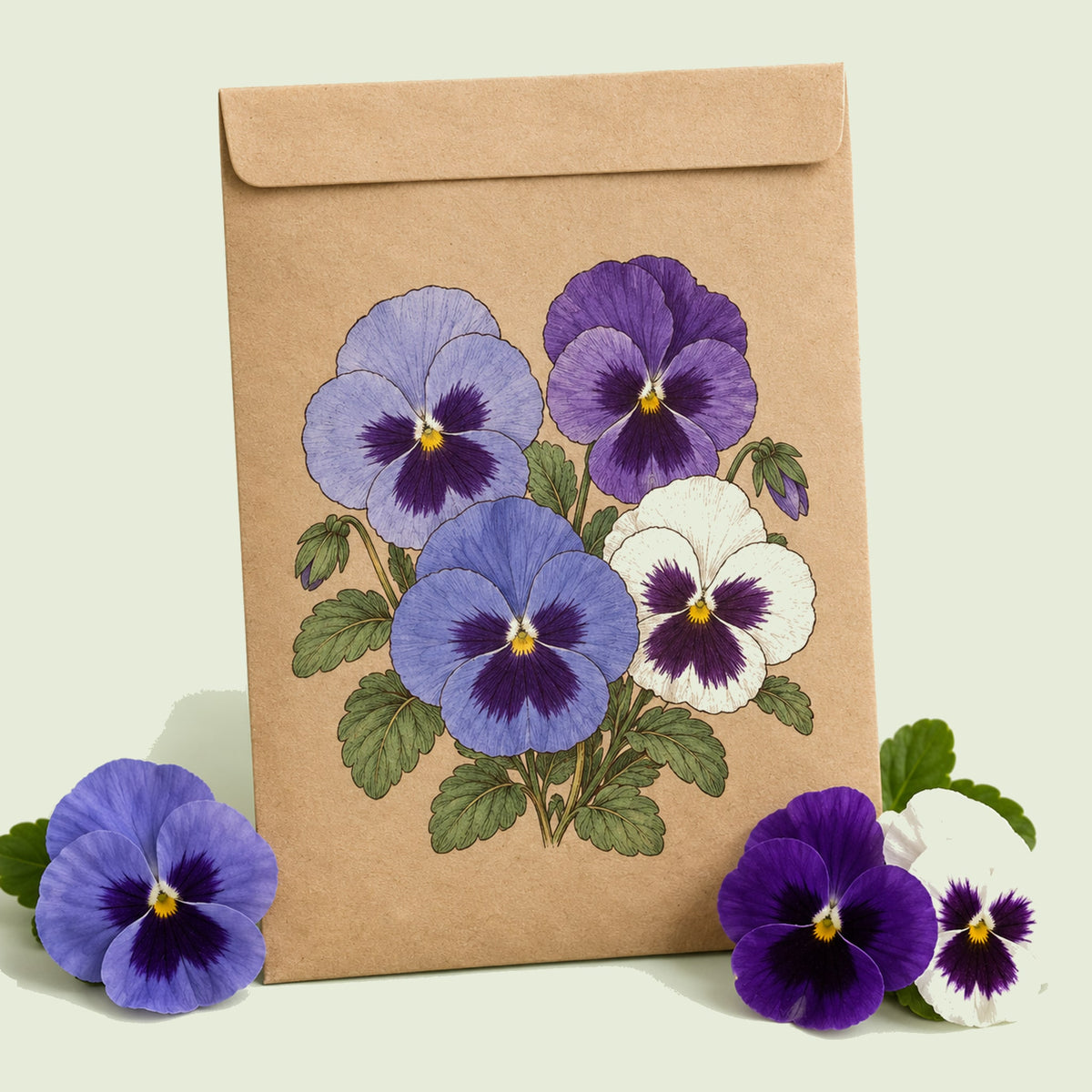 Kraft seed packet illustrated with Got the Blues Pansy, with fresh Got the Blues Pansy beside it