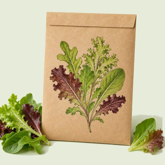 Kraft seed packet illustrated with Gourmet Baby Greens Lettuce Blend, with fresh Gourmet Baby Greens Lettuce Blend beside it