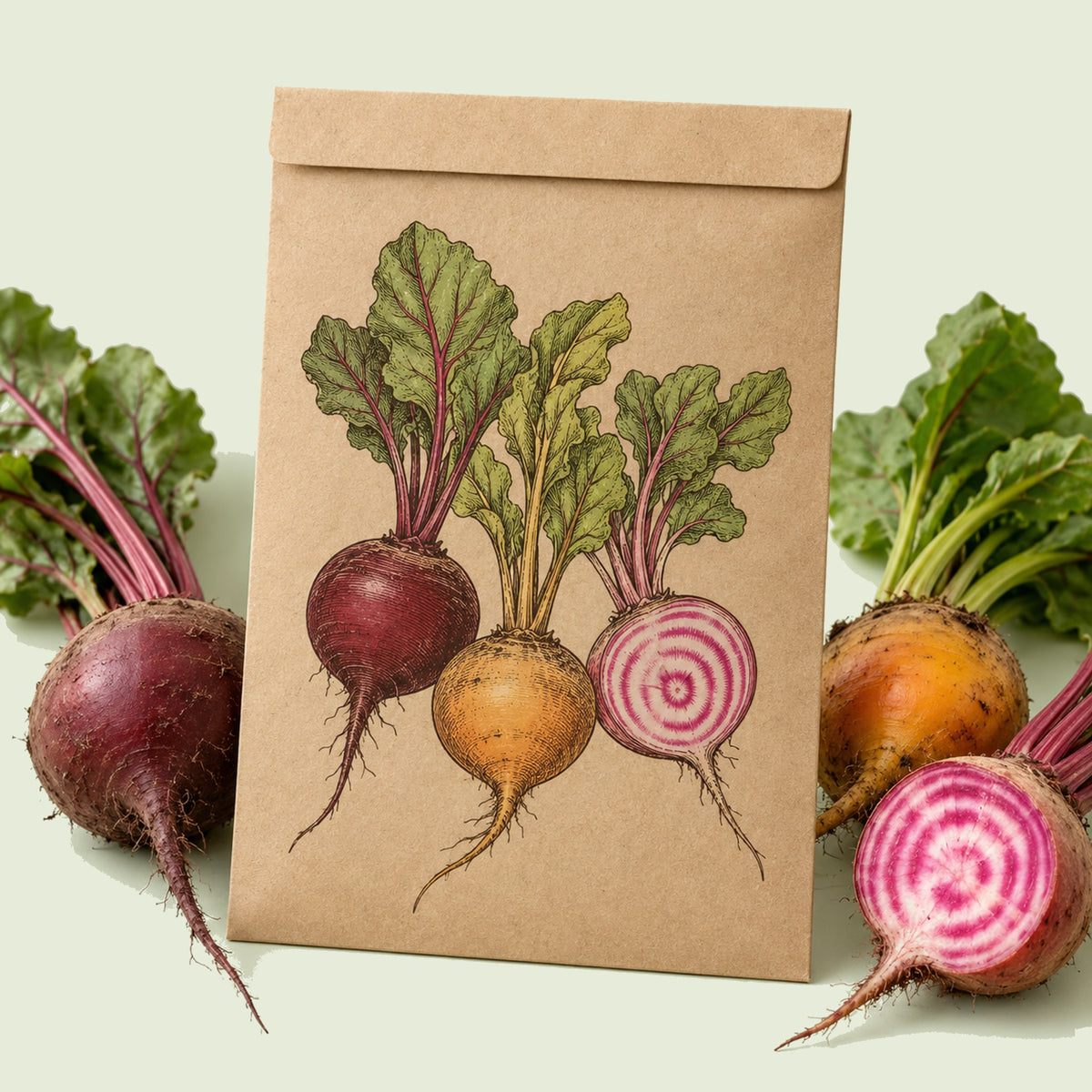 Kraft seed packet illustrated with Gourmet Beet Blend, with fresh Gourmet Beet Blend beside it